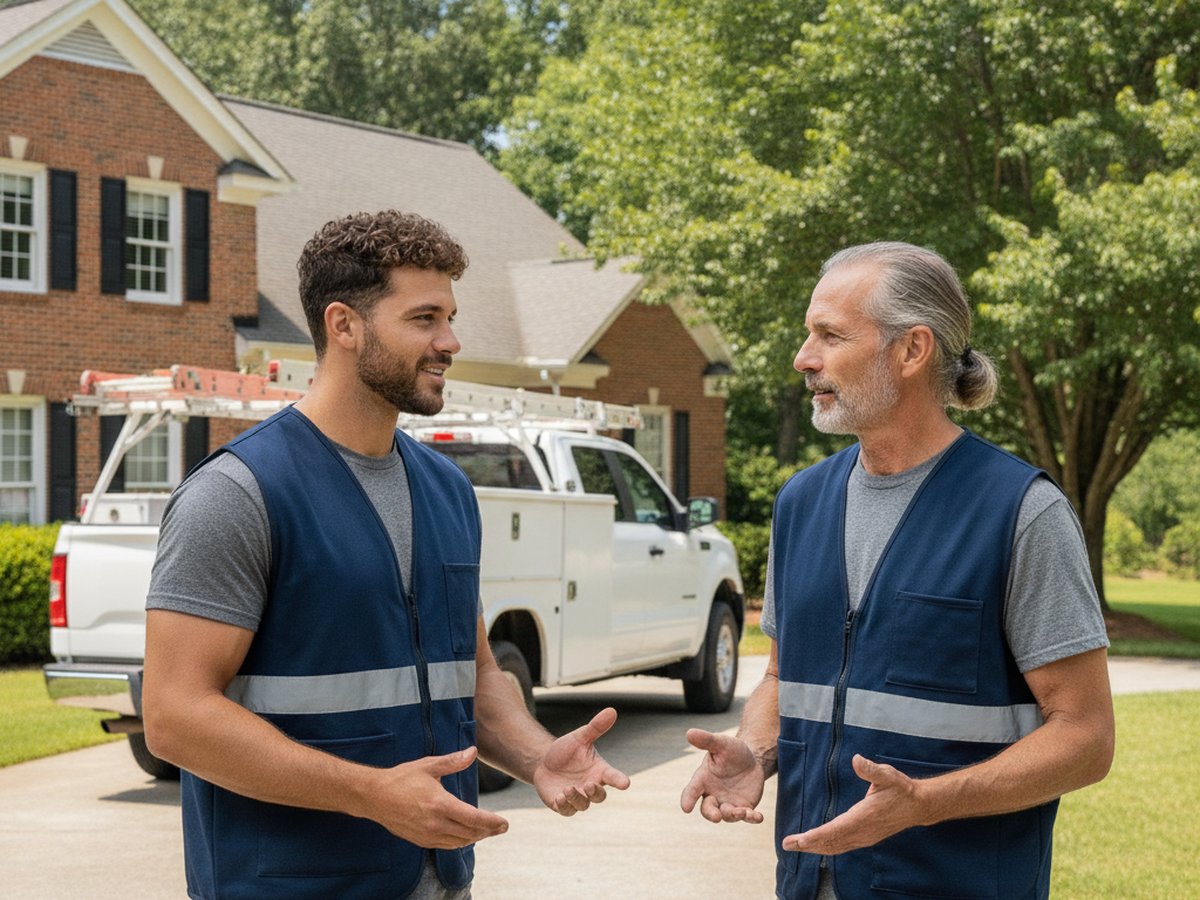 Foundation repair crew members standing near a service truck in Knoxville, TN