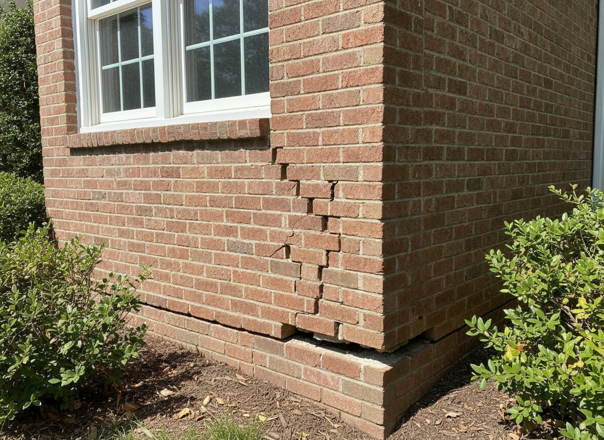 Exterior brick foundation wall with a visible stair-step structural crack before repair