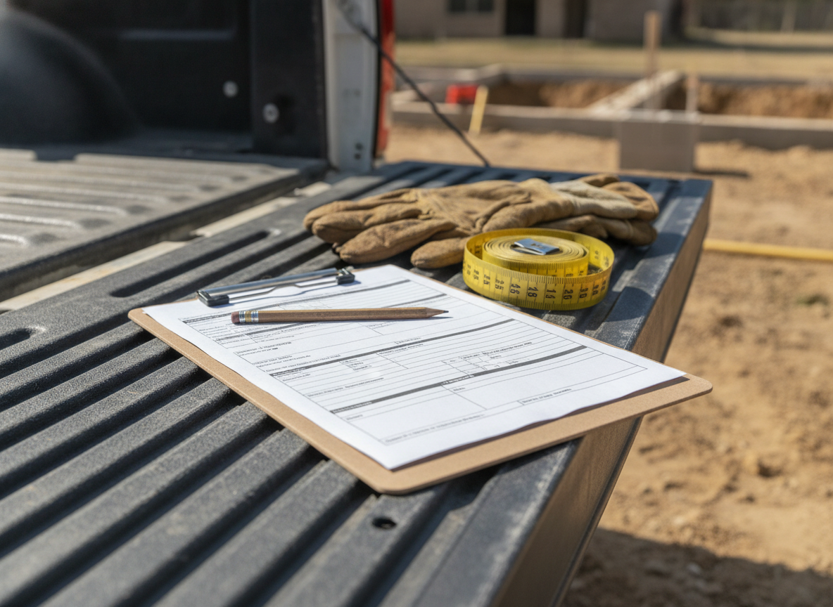 Foundation repair estimate clipboard on a truck tailgate