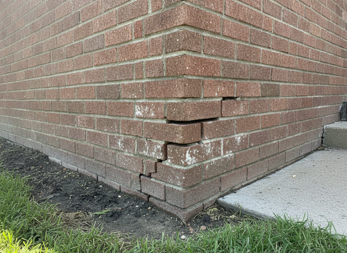 Stair-step crack pattern in exterior brick near a home's foundation