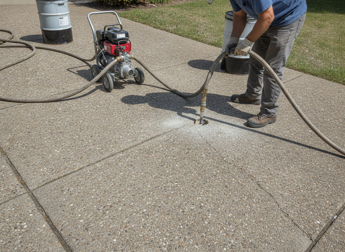 Polyurethane foam injection equipment leveling a sunken concrete driveway slab
