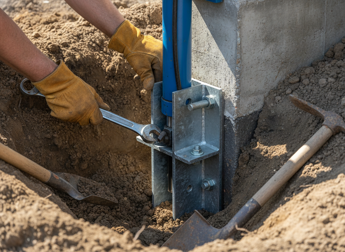 Steel push pier bracket and hydraulic ram installed at a house foundation footing