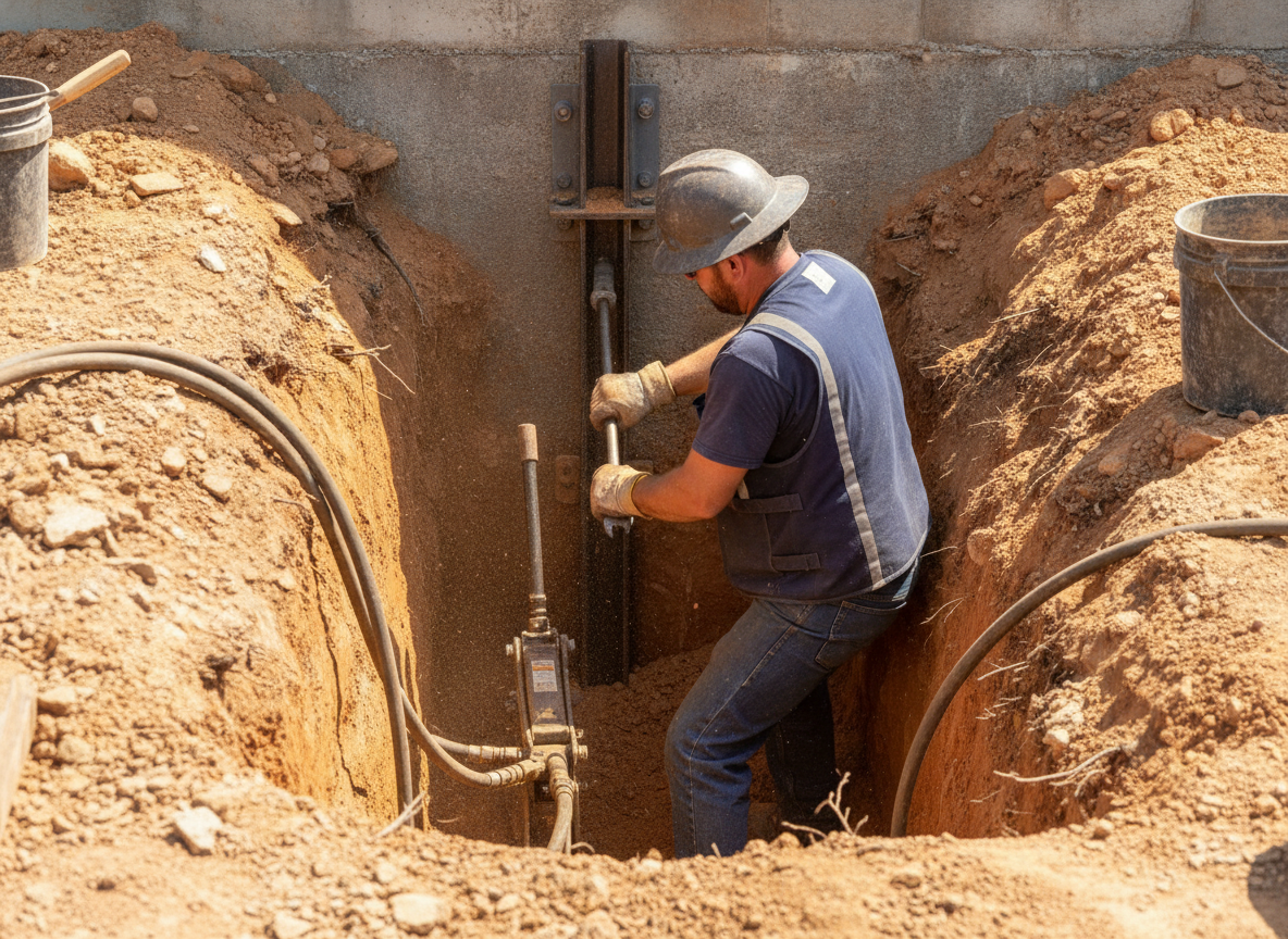 Foundation repair technician installing a steel push pier bracket at a house foundation